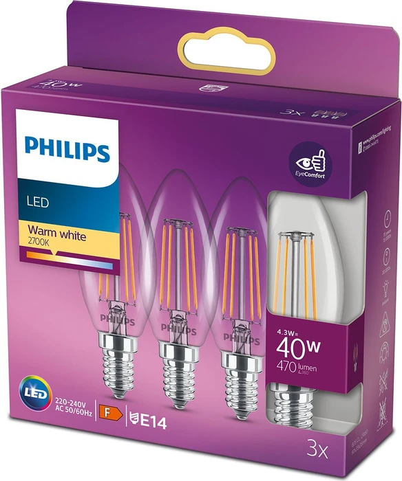 Philips Classic LEDcandle Kerze ND E14 4.3-40W/827 B35 CL, 4 Stück