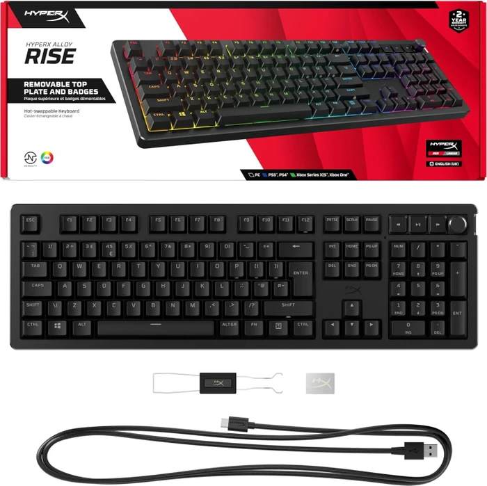 HP HyperX Alloy Rise, PBT, LEDs RGB, hot-swap, HyperX Linear, USB, UK