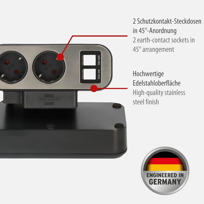 Brennenstuhl estilo Duplex Tischsteckdosenleiste mit Schalter, 10-fach, 2x Steckplatz für Keystone Module, 2m, silber/schwarz
