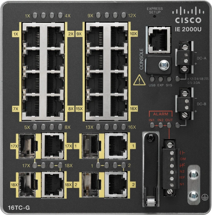 Cisco IE 2000 LAN Base Industrial Railmount Managed Switch, 16x RJ-45, 2x SFP, 2x RJ-45/SFP