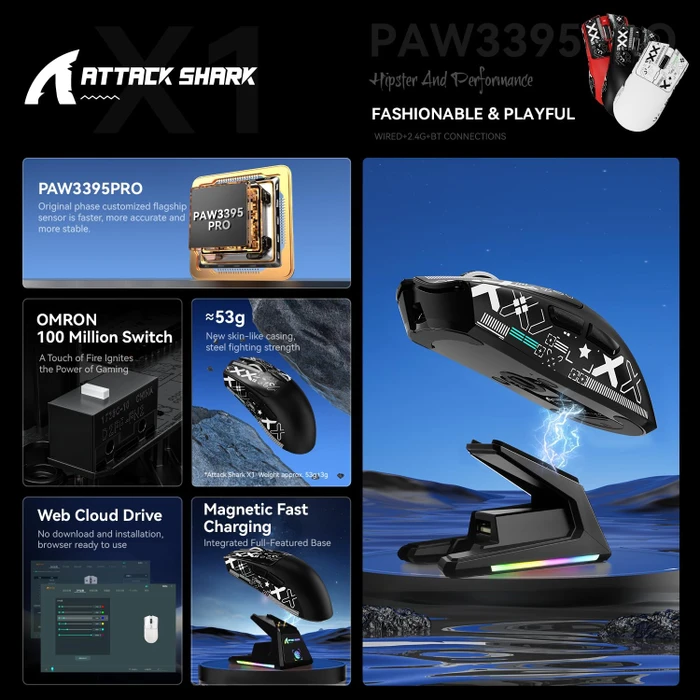 Attack Shark X1 Tri-mode Wireless Gaming Mouse mit Ladestation, schwarz, inkl. Grip Tape, USB/Bluetooth