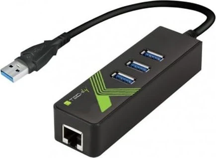 Techly USB-Hub, Gigabit LAN-Adapter, RJ-45, 3x USB-A 3.0, USB-A 3.0 [Stecker]