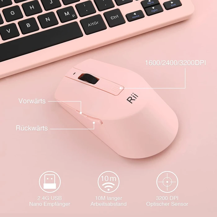 Riitek Rii RKM709 Wireless Keyboard and Mouse Combo, rosa, USB, DE