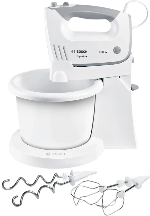 Bosch Handmixer MFQ36460 ErgoMixx | 450 Watt | 5 Stufen & Turbostufe | Rührschüssel & Ständer | Soft-Touch | Weiß/Grau Image