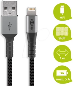 Wentronic Lightning auf USB-A Textilkabel mit Metallsteckern 1.0m grau/silber