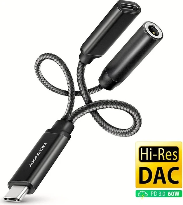 AXAGON ADA-HCPD, Hi-Res DAC audio adapter, 384kHz/32bit stereo, USB-C to 3.5mm jack & PD 60W/3A