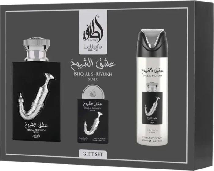 Lattafa Pride Ishq Al Shuyukh Silver EdP 100ml + EdP 20ml + Deo Spray 200ml Duftset