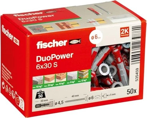 fischer DuoPower 6x30 S Schrauben/Dübel-Sortiment, 50 Stück