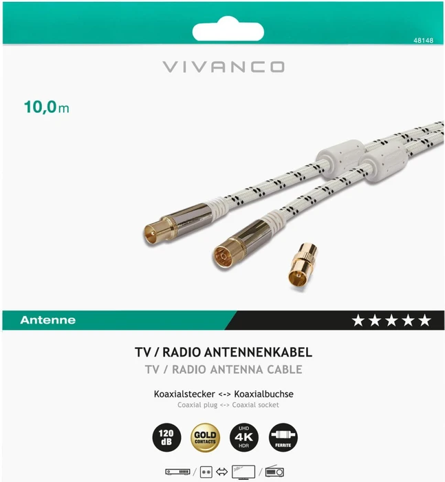 Vivanco Antennen-Kabel mit Nylonummantelung, Koax-Stecker - Koax-Kupplung, 120dB, 10m, weiß