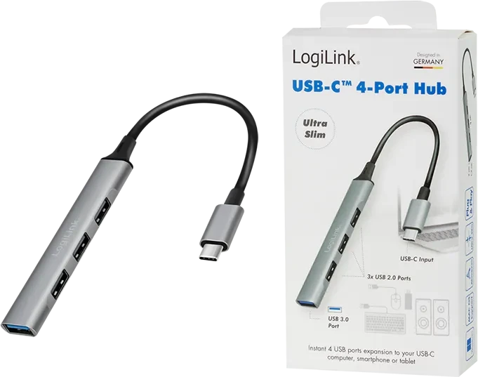 LogiLink 4-Port Slim-Hub, 1x USB-A 3.0/3x USB-A 2.0, USB-C 3.0 [Stecker]