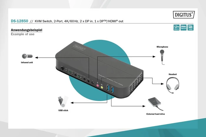 Digitus 4K 60Hz DisplayPort/USB KVM-Switch, 2-port
