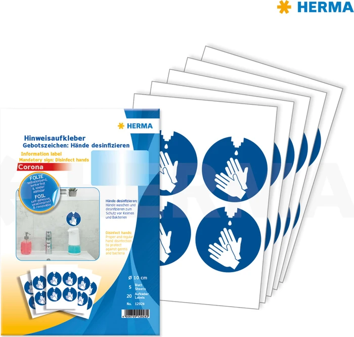 Herma Hinweisetiketten Hände desinfizieren rund, 100mm, ablösbar, wetterfest, blau, matt, 5 Blatt (20 Etiketten)