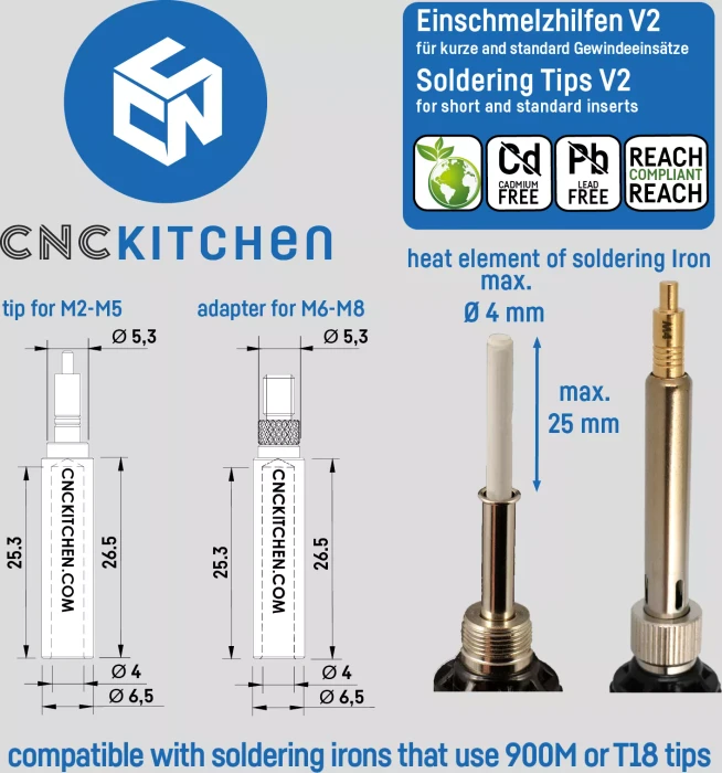 CNC Kitchen Einschmelzhilfen V2 für Gewindeinsatz, kompatibel zu T18/M900 Lötkolben