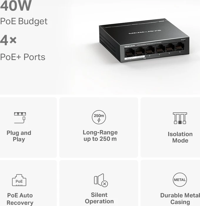Mercusys Desktop Switch, 6x RJ-45, 40W PoE+