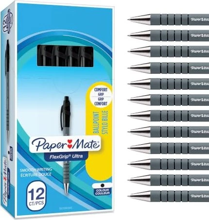Paper Mate FlexGrip Ultra M Kugelschreiber (Mine) schwarz/silber, 12er-Pack