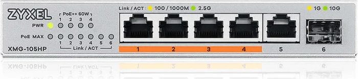 Zyxel XMG-105HP Desktop 2.5G Switch, 5x RJ-45, 1x SFP+, 70W PoE++
