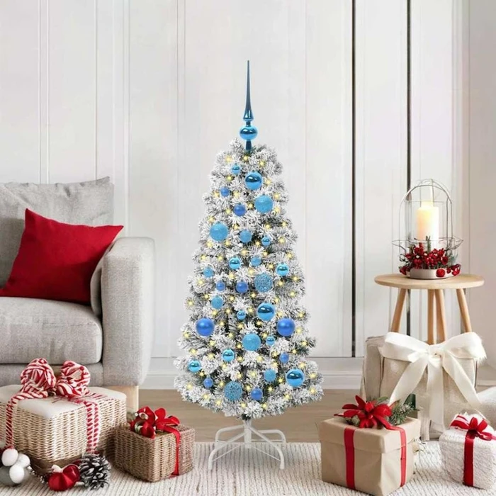vidaXL Künstlicher Weihnachtsbaum schlank mit Schnee, 120cm, inkl. LED-Beleuchtung