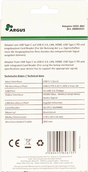 Inter-Tech Argus GDC-802 Multiport-Adapter, USB-C 3.0 [Stecker]