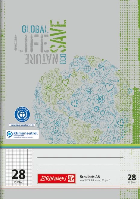 Brunnen Recycling Schulheft, A5, Lineatur 28, grau/grün, 16 Blatt