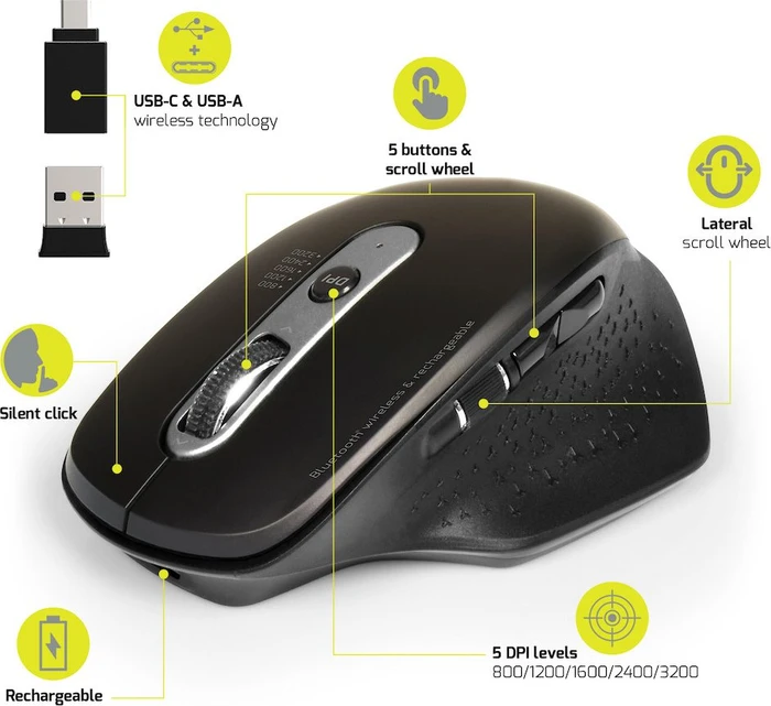 Port Designs Wireless Rechargeable Office Executive Mouse, USB/Bluetooth