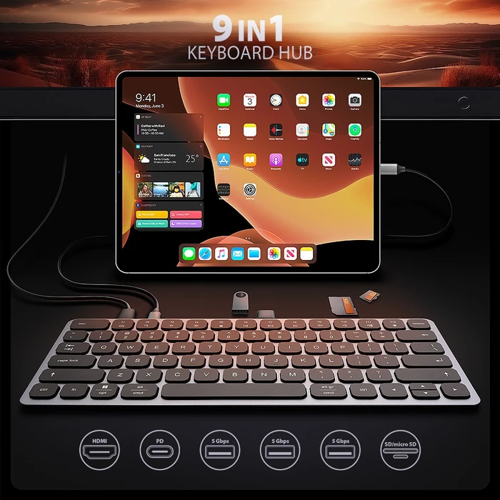 Axagon 9in1 Keyboard Hub, Docking Station mit Tastatur, USB-Hub, Dual-Slot-Cardreader, ND, USB-C 3.0 [Buchse]