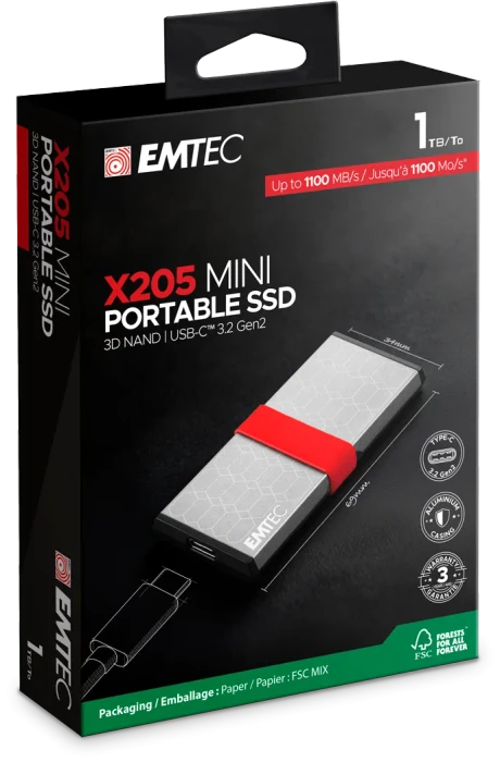 Emtec X205 Mini Portable SSD, 1TB, USB-C 3.1