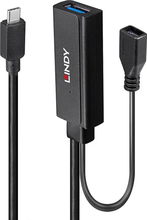 Lindy USB 3.0 aktives Verlängerungskabel, USB-C [Stecker] auf USB-A [Buchse]/USB-C [Buchse], 5m