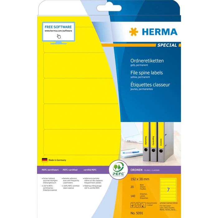 Herma Ordneretiketten, 192x34mm, gelb, 20 Blatt (140 Etiketten)