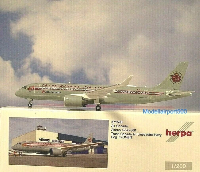 Herpa Air Canada Airbus A220-300 Trans Canada Air Lines retro livery C-GNBN