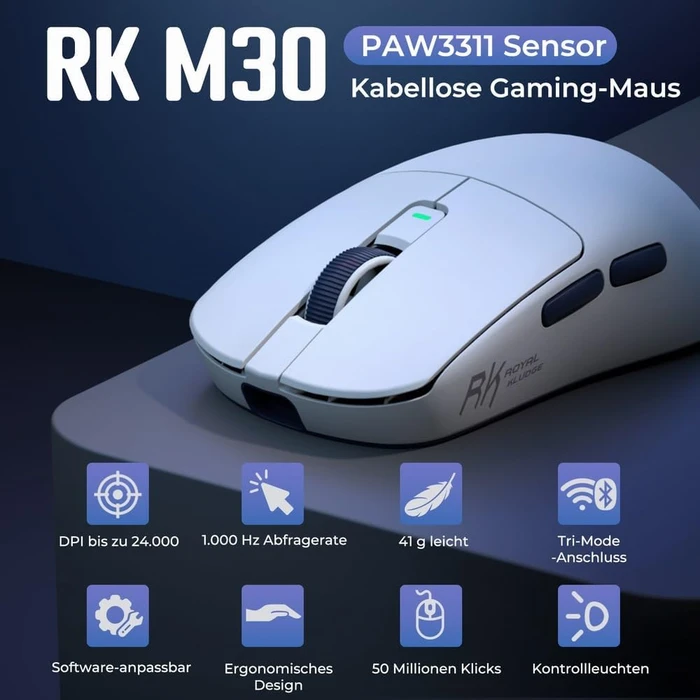 RK Royal Kludge M30 Wireless Gaming Mouse, weiß/blau, USB/Bluetooth