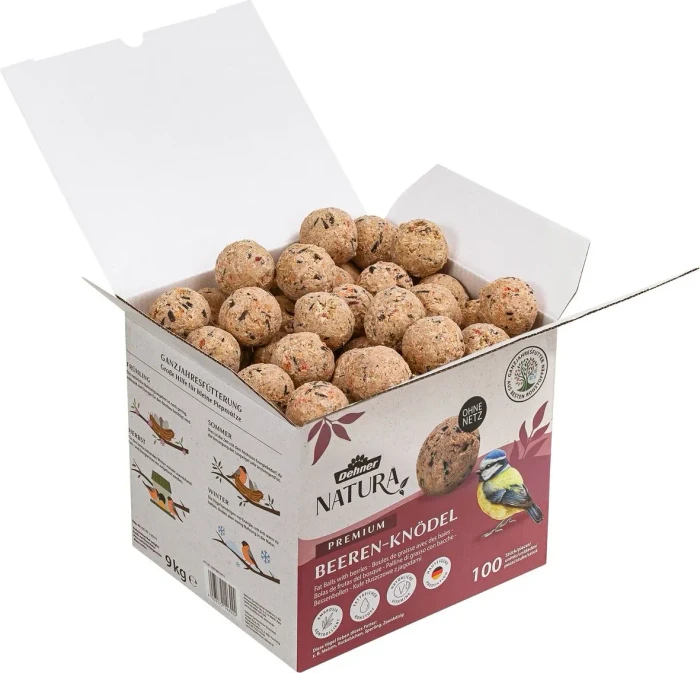 Dehner Natura Premium Wildvogelfutter, Beeren-Meisenknödel ohne Netz im Karton, 9kg, 100 Stück