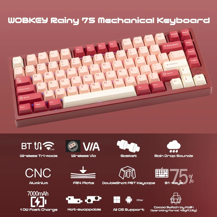 Wobkey Rainy 75 Pro, rot, LEDs RGB, Kailh Cocoa, USB/Bluetooth, US