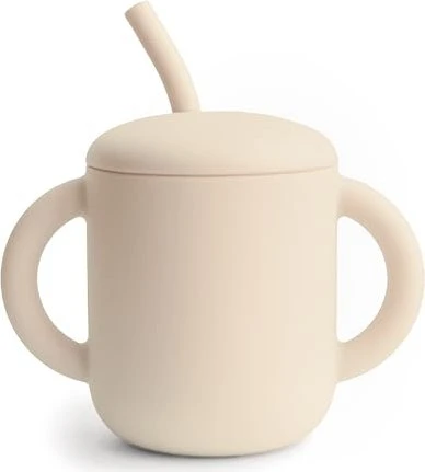 Mushie Silikon Trinklernbecher mit Strohhalm, 6+M, 175ml, shifting sand