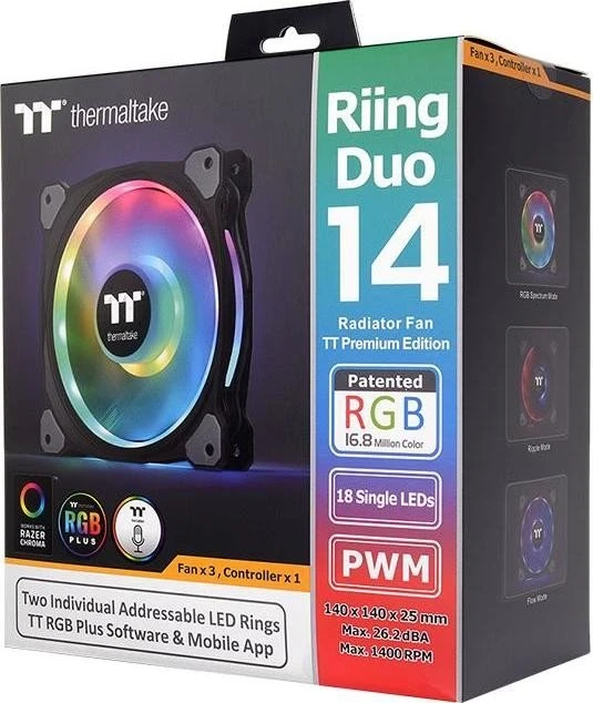 Thermaltake Riing Duo 14 LED RGB Radiator TT Premium Edition, LED-Steuerung, 140mm, 3er-Pack