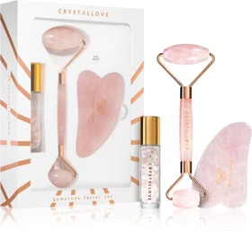 Crystallove Rose Quartz Gemstone Facial Gua Sha + Roller + Roll-On Geschenkset