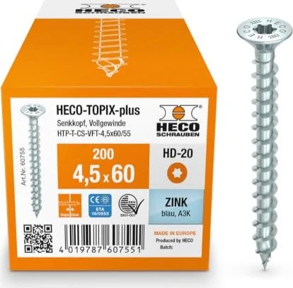 HECO TOPIX-plus verzinkt blau A3K Torx T20 Holzschraube, 4.5x60mm, 200 Stück