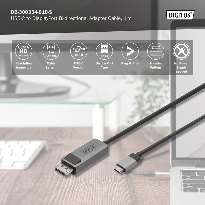 Digitus USB-C [Stecker] auf DisplayPort 1.4 [Stecker] 8K 30Hz Adapterkabel, 1m