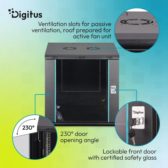 Digitus Dynamic-N Serie 19" Wandgehäuse 12HE, unmontiert, Sicherheitsglastür, IP2X, RAL 9005, 600mm tief