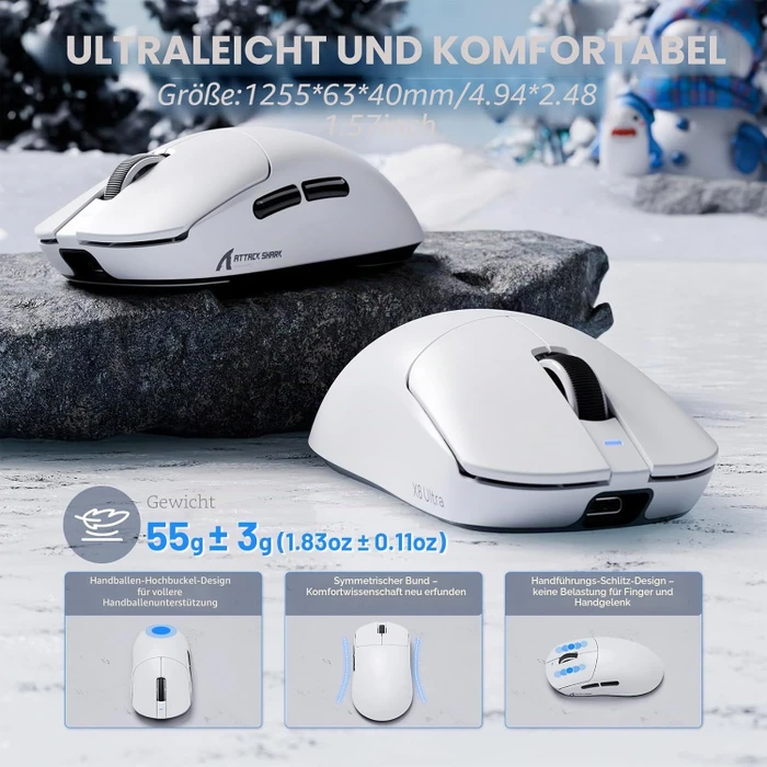 Attack Shark X8 Ultra 8KHz Tri-mode Wireless Gaming Mouse, weiß, inkl. Grip Tape, USB/Bluetooth