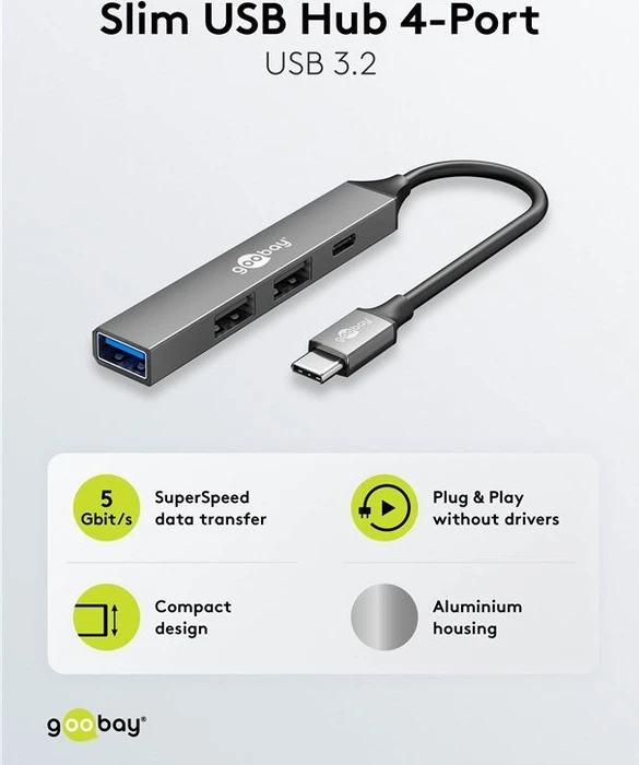 Wentronic goobay Slim 4-Port USB-Hub,1x USB-A 3.0/1x USB-C 2.0/2x USB-A 2.0, USB-C 3.0 [Stecker]