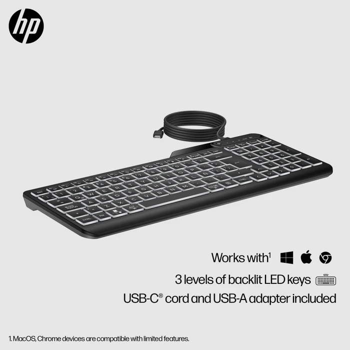 HP 400 Backlit Wired Keyboard, Jet Black, LEDs weiß, USB, DE
