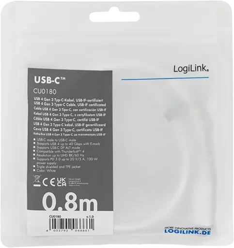 LogiLink USB4 Gen3x2 Kabel, 40Gb/s, 8K60Hz, 100W PD, USB-C Stecker auf USB-C Stecker, 0.8m