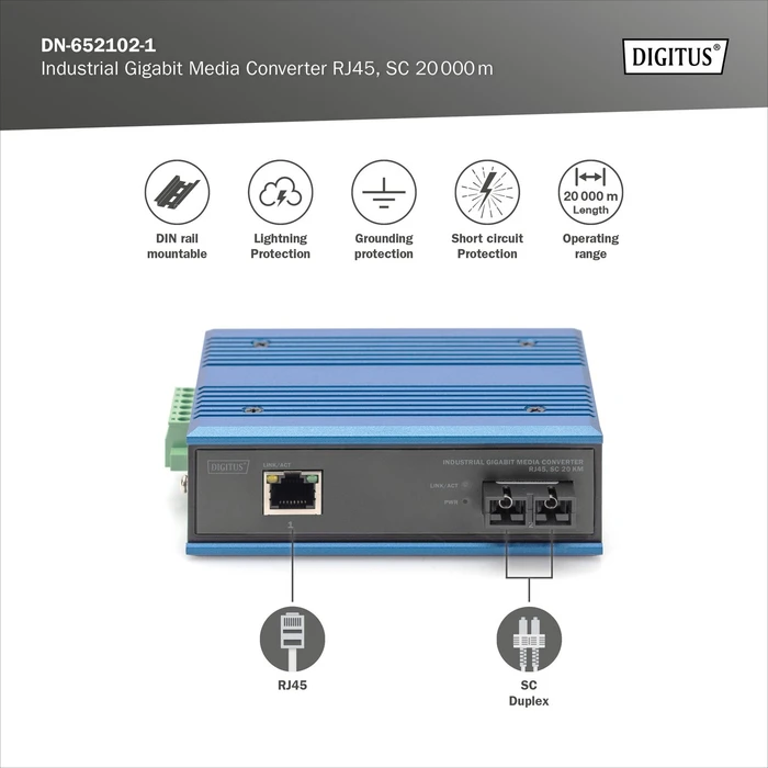 Digitus Industrial, RJ-45, SC-Duplex SM 20km