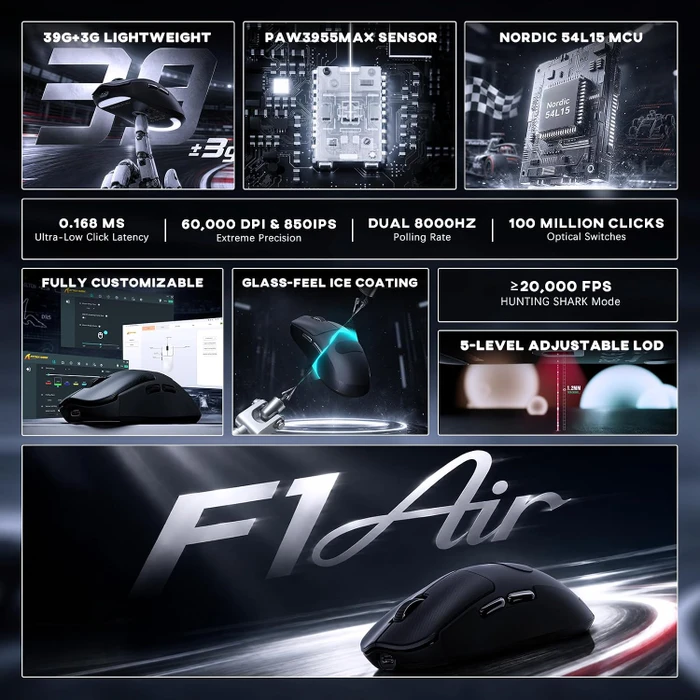 Attack Shark F1 Air 8KHz Wireless, schwarz, inkl. Grip Tape, USB/Bluetooth