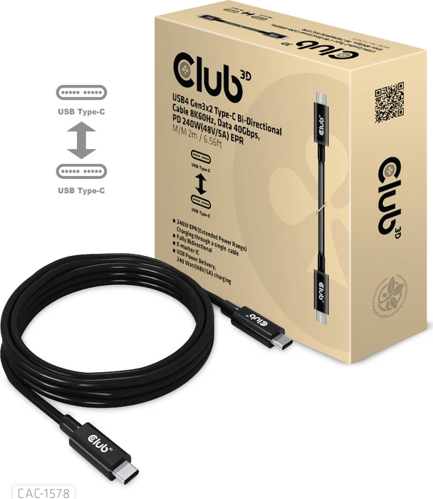Club 3D USB4 Kabel, USB4 Gen3x2, 40Gb/s, 8K60Hz, 240W PD EPR, USB-C Stecker auf USB-C Stecker, 2m