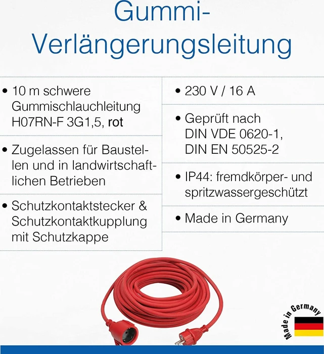 as-Schwabe Gummi Verlängerungskabel IP44 rot, H07RN-F 3G1.5, 10m