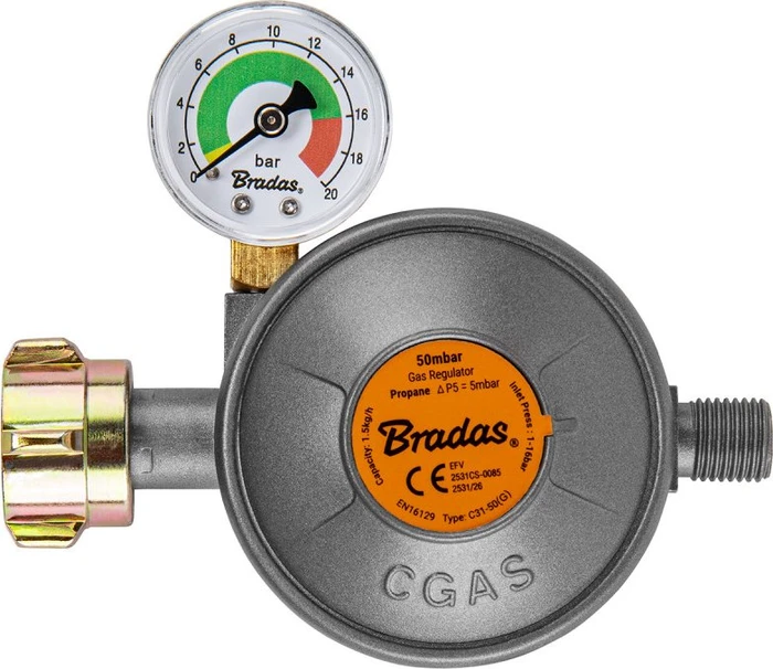 Bradas Gasdruckregler mit Manometer & Sicherheitsventil 50mBar