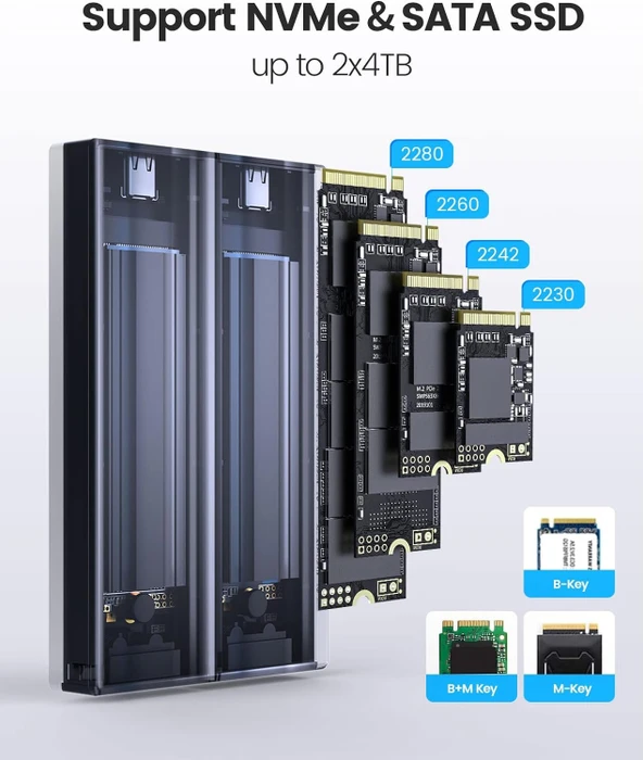 Orico Dual-bay M.2 SSD Enclosure 1x PCIe/ 1x SATA NVME, USB-C 3.1