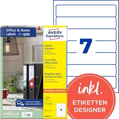 Avery-Zweckform Ordneretiketten, 192x38mm, weiß, 10 Blatt (70 Etiketten)