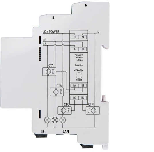 Shelly Pro 3EM, DIN-Schienen-Stromverbrauchsmessgerät, 3-Phasen, 120A, Strommesssensor